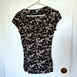 Halogen Top - 100% Nylon Mocha Floral print. Ruffle trim on neckline. Medium
